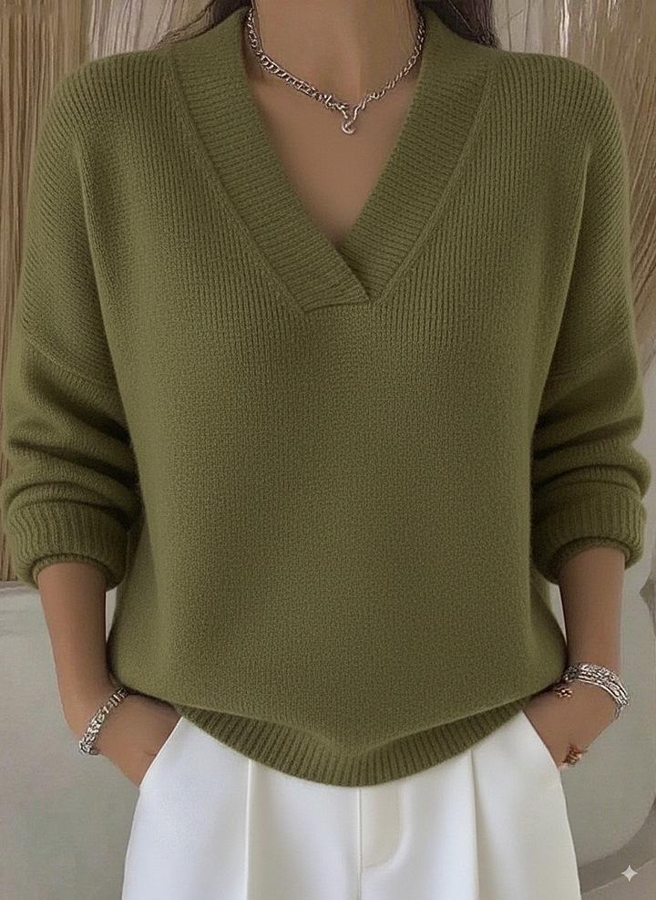 Elegant Soft V-neck Long Sleeve Women's Sweater Knitted Loose Sweater Autumn And Winter New Solid Color Casual Fashion Women's Knitted Sweater