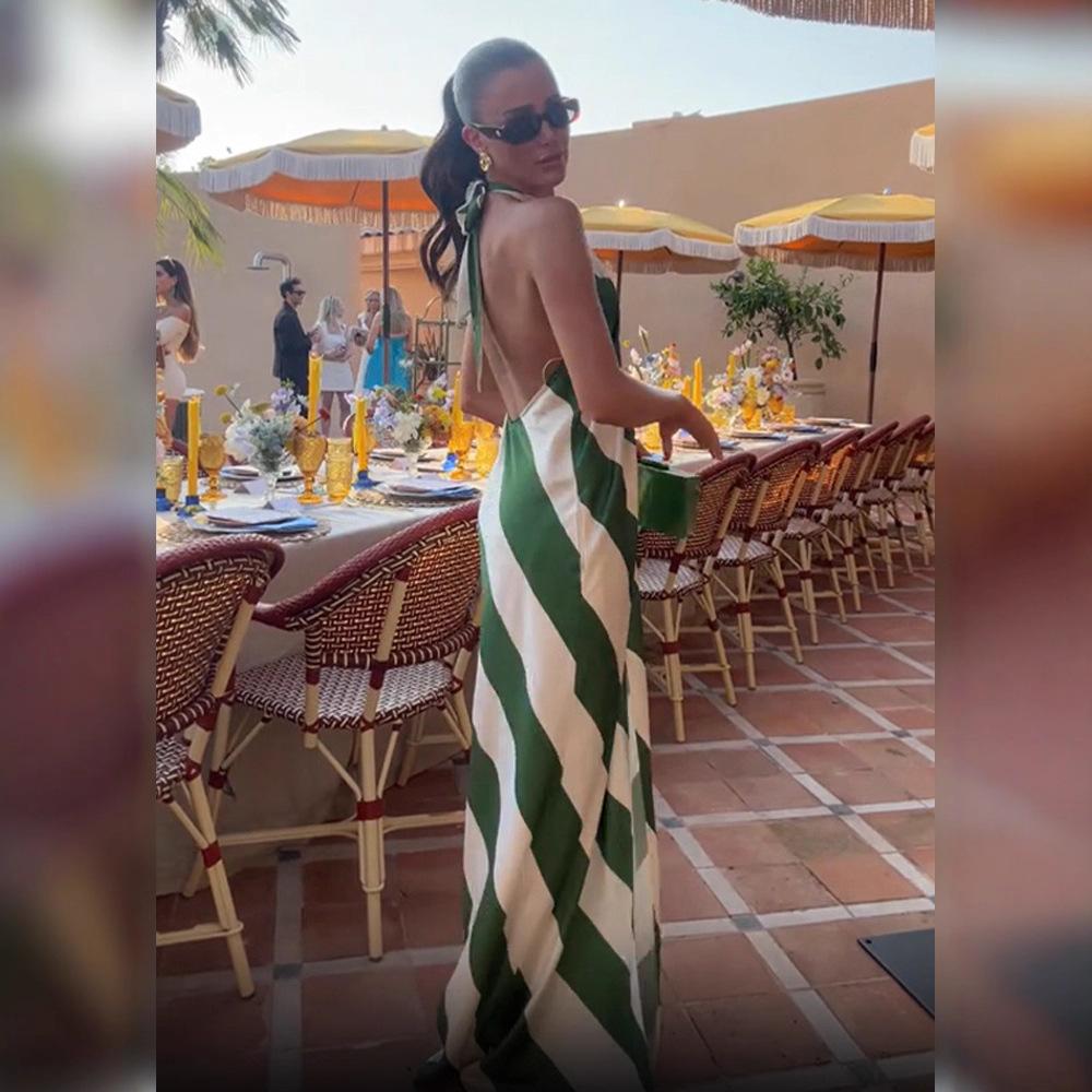 Fashion Design Temperament Contrast Color Striped Halter Dress Women