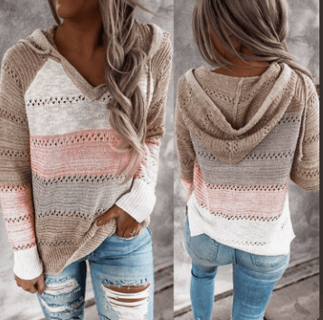 Color Blocking Hollowed Out Striped Hooded Knitted Long Sleeved Top