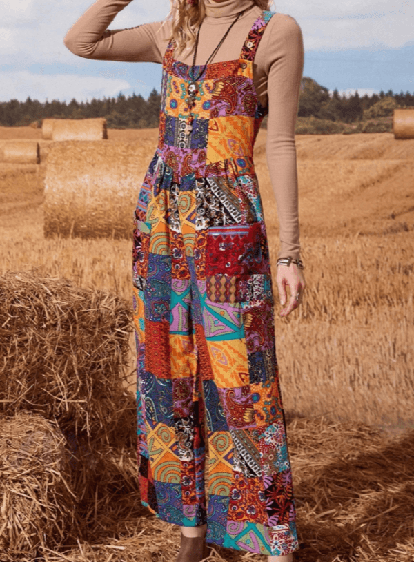 Bohemian Style Color-blocked Print Loose Wide-leg Overalls Women's Retro Casual Jumpsuit