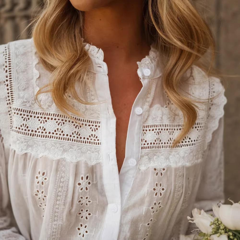 Resort-Style Solid-Color Hollow-Out Embroidered Womens Top