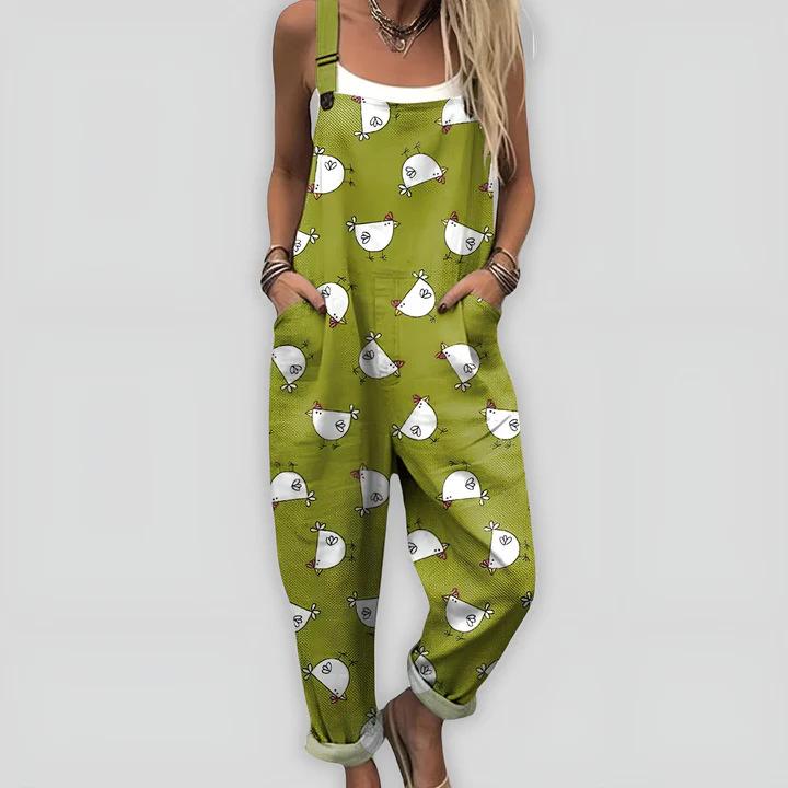 Printed-button Casual Suspender Pants For Women