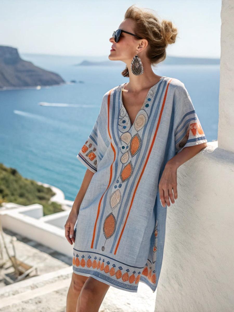 Loose Printed V-neck Women's Casual Holiday Dress