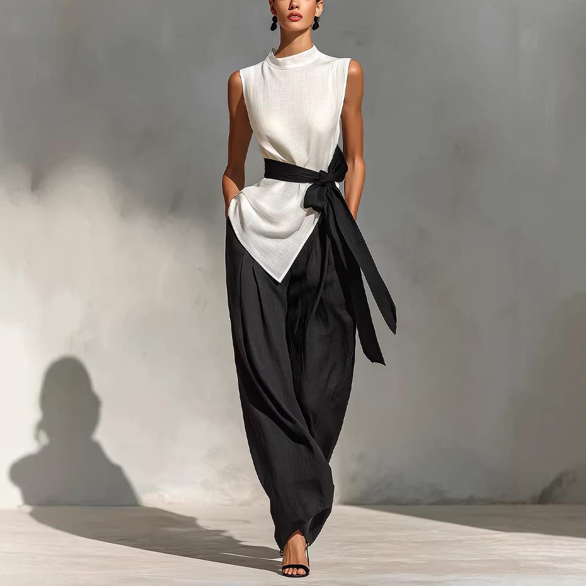 Womens Lace-Up Sleeveless Top And Wide-Leg Pants Two-Piece Set