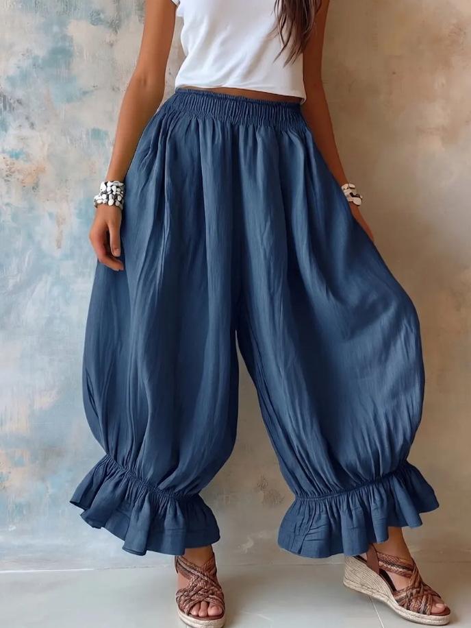 Loose Casual Cotton-linen Flared Pants With Ruffled Hems For Women