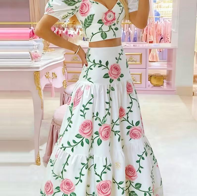 Sweet Floral Print Puff Sleeve Cropped Top  High-waisted Maxi Skirt Two-piece Set For Women.