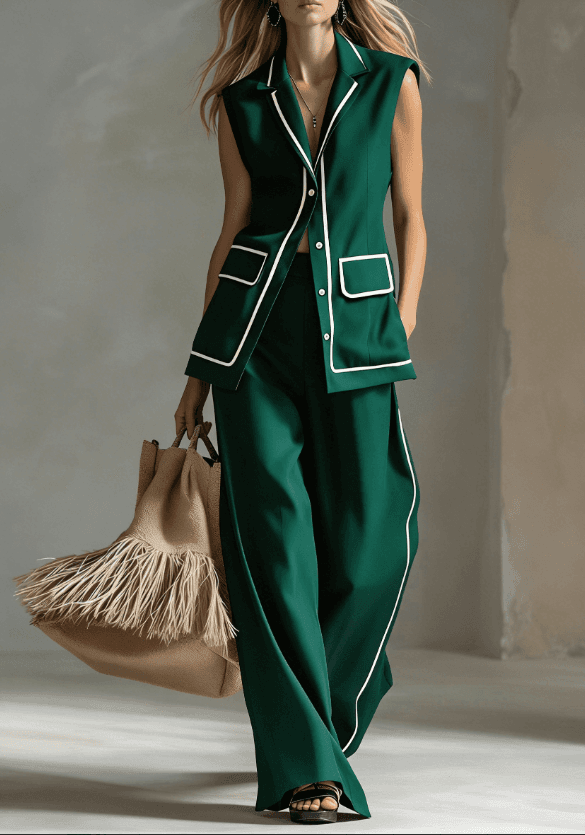Minimalist Sleeveless Vest With Trim  Side Striped Wide Leg Pants An Elegant Two Piece Set.