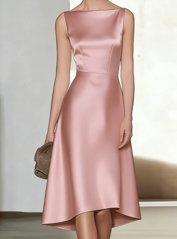 Satin Off-the-shoulder Sleeveless Fitted Waist Asymmetrical Full Skirt Dress