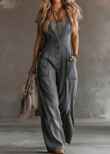 Vintage Single-breasted Strap Wide-leg Jumpsuit
