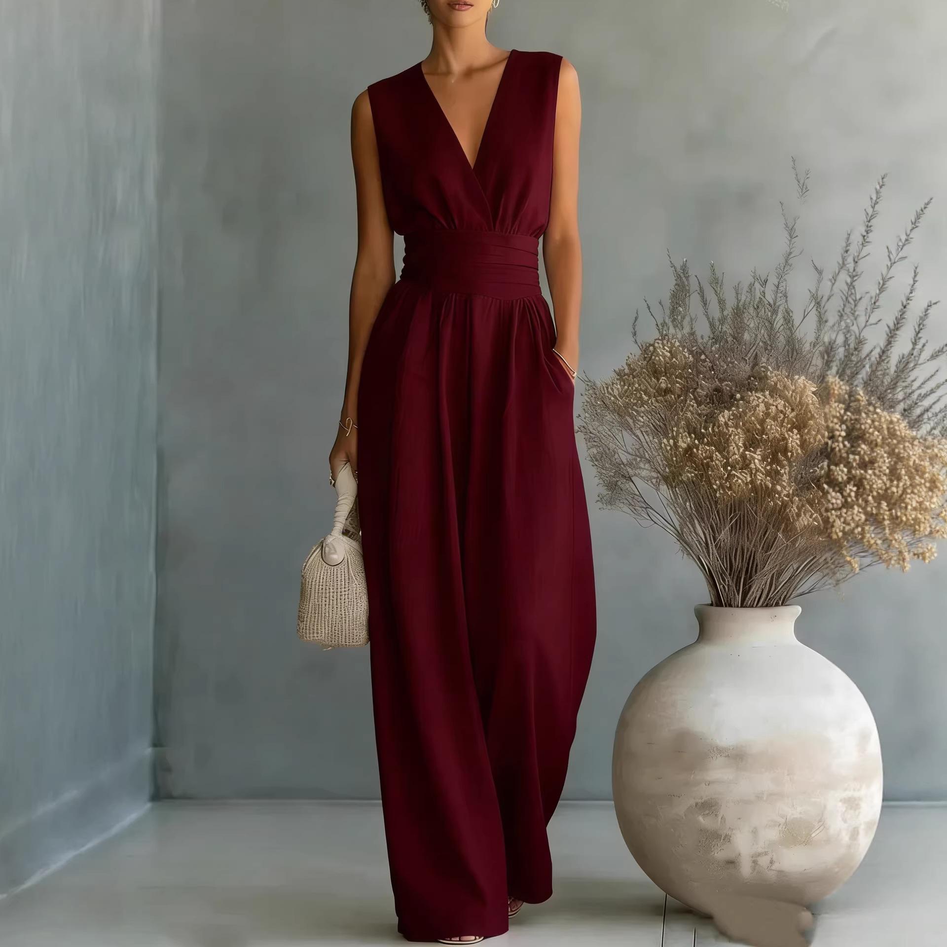 Womens Elegant Sleeveless Waist-Cinching V-Neck Sophisticated Jumpsuit