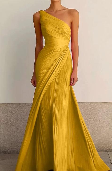 One-shoulder pleated long dress, flowing tight dress