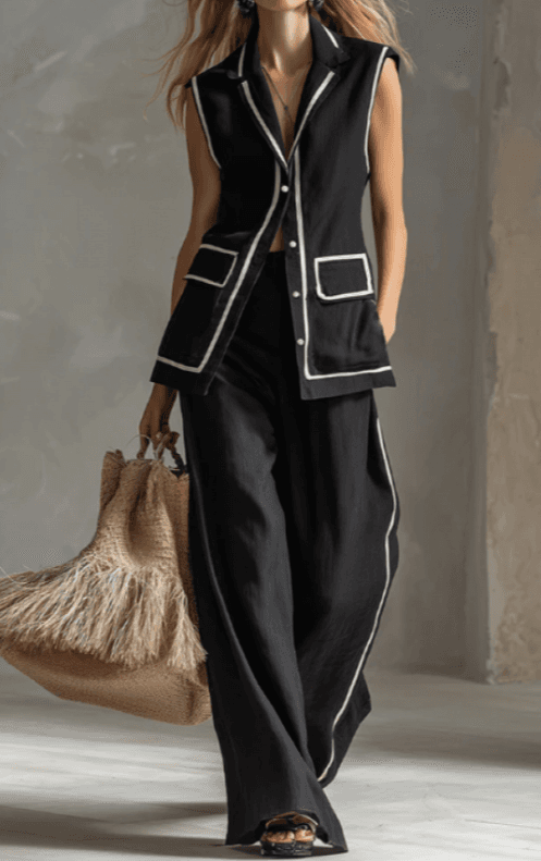 Minimalist Sleeveless Vest With Trim  Side Striped Wide Leg Pants An Elegant Two Piece Set.