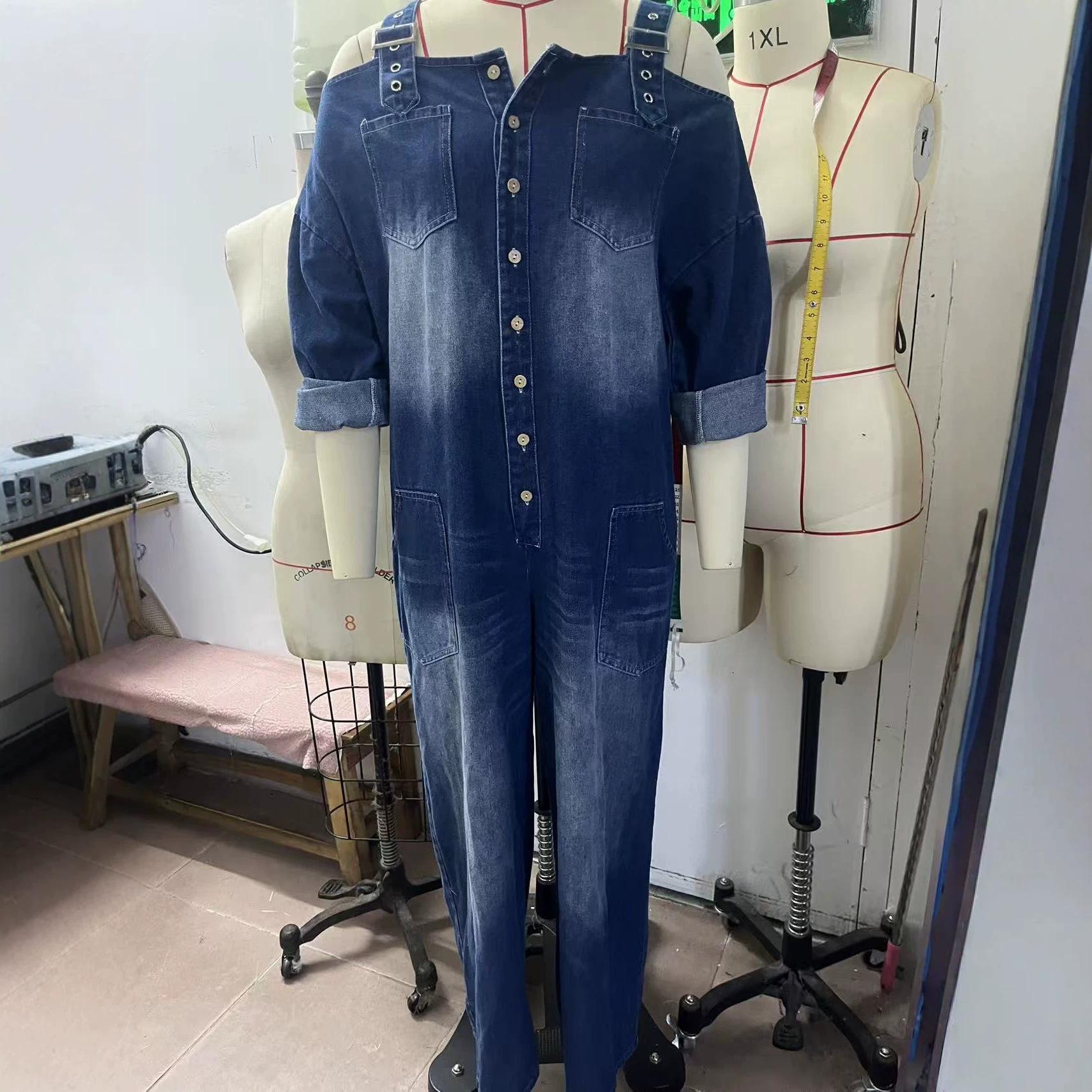 Fashionable Sexy Off-Shoulder Suspender Pocket Denim Jumpsuit