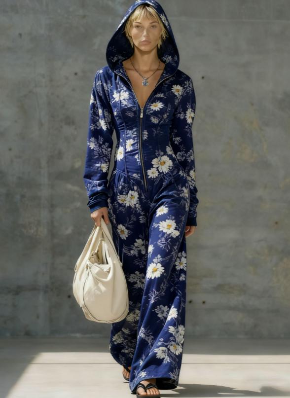 Printed Casual Hooded Zip-up Slim-fit Long Jumpsuit