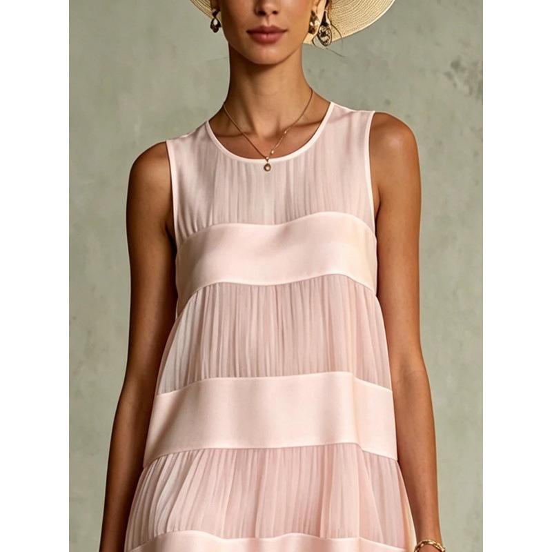 Color-block Sleeveless Vest-style Striped Ruffled Hem Dress
