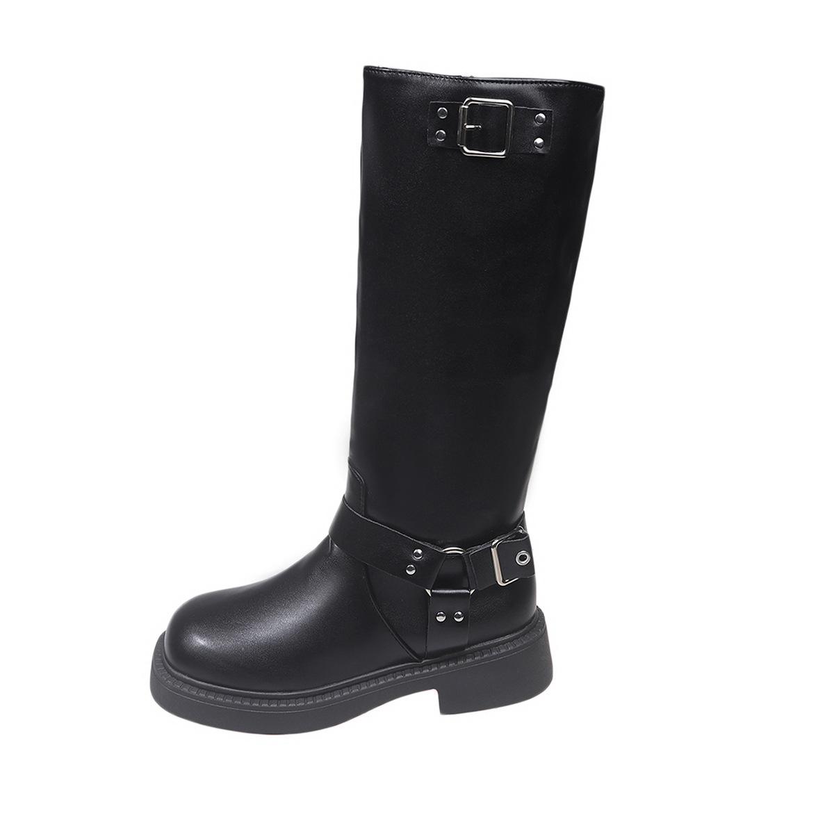 Womens Round Toe Thick Soled Belt Buckle Over The Knee Boots