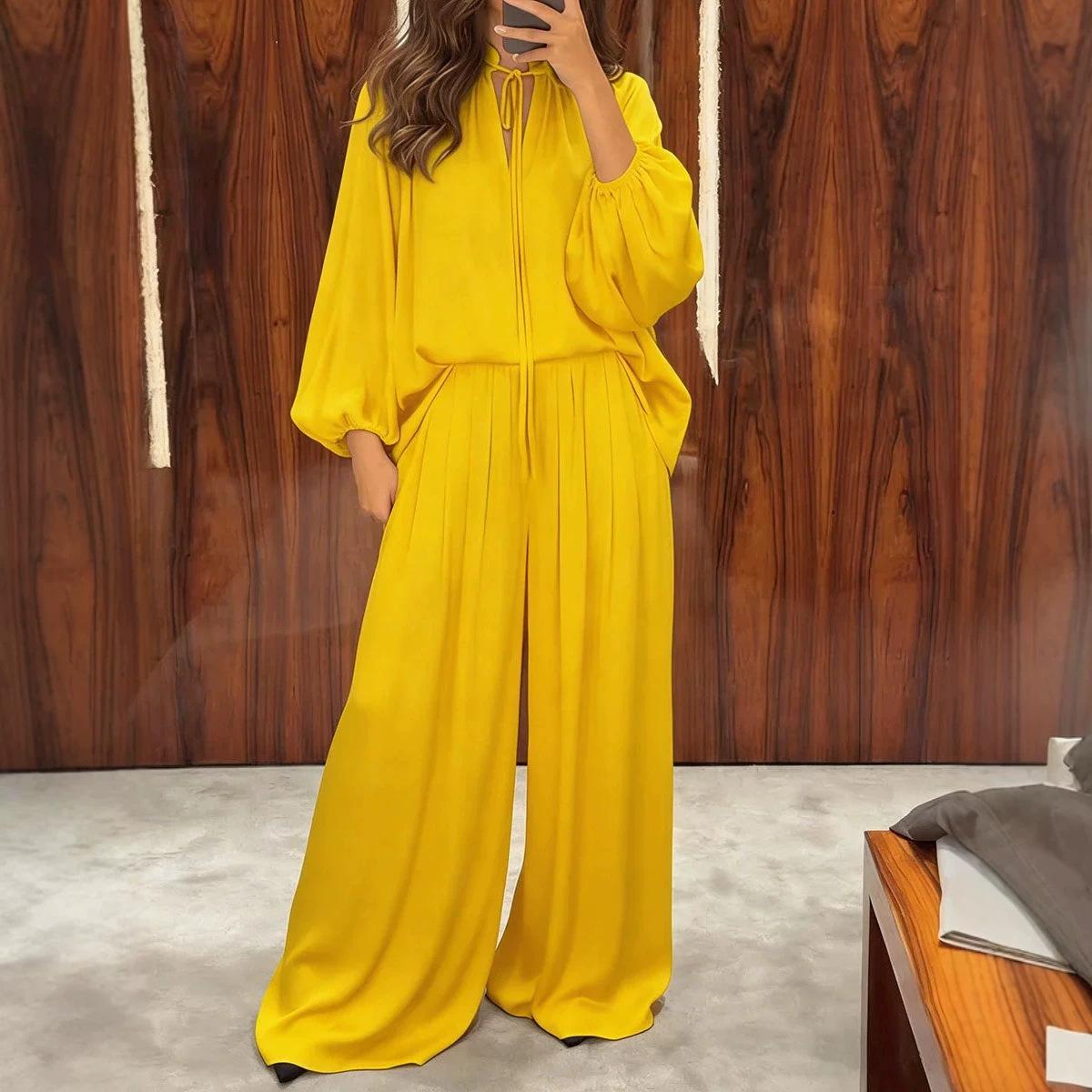 V-neck Lantern-sleeve Long-sleeve Loose Top And Elastic-waist Wide-leg Pants Set