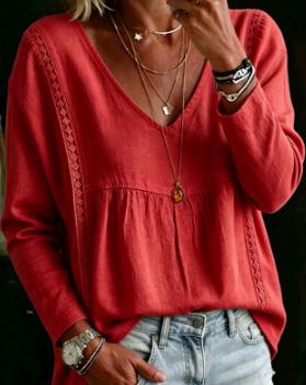 New Womens Lace-trimmed V-neck Pullover In Solid Color With Long Sleeves