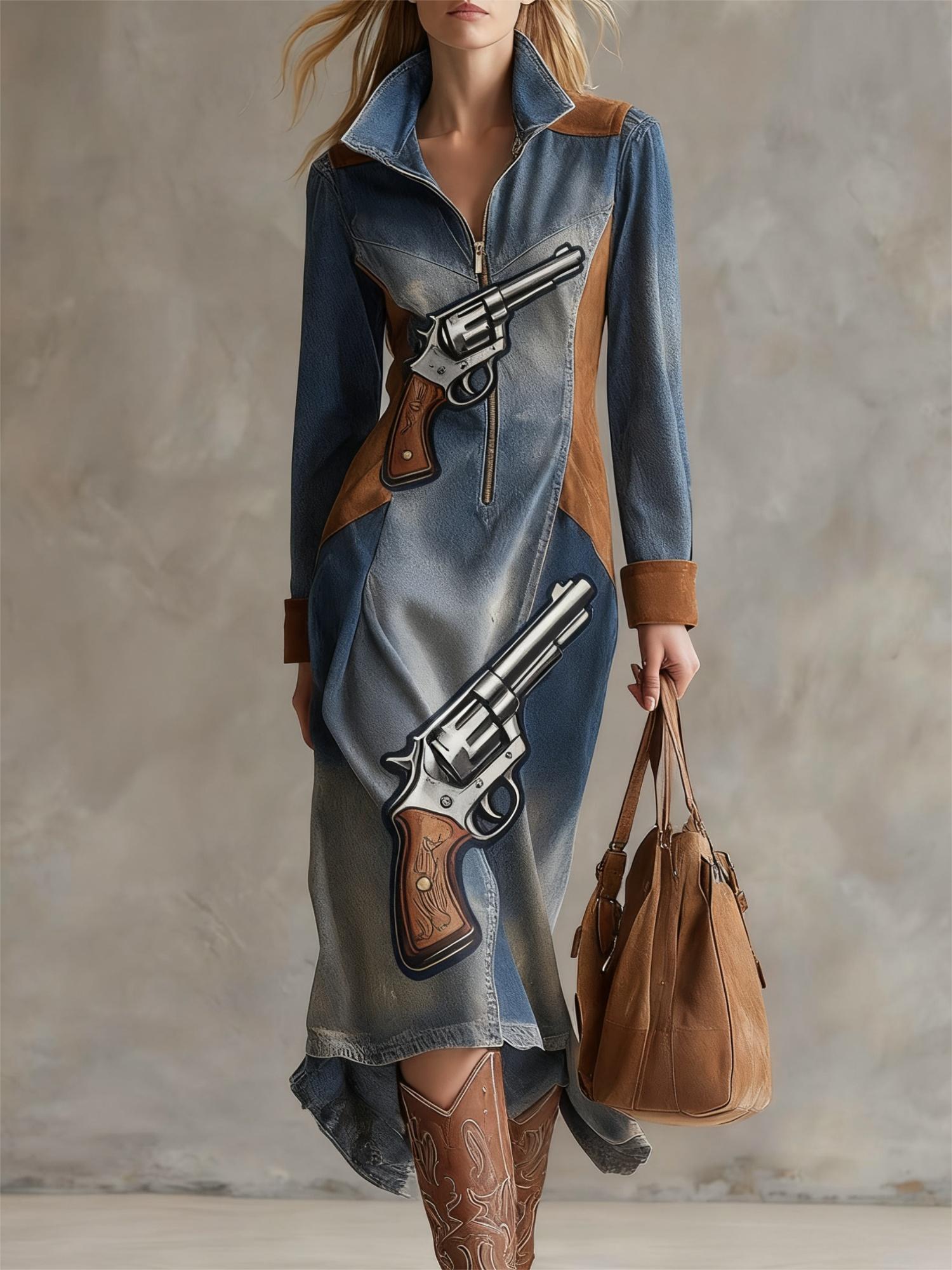 Western Retro Print Lapel Zipper Fitted Midi Long Sleeve Dress