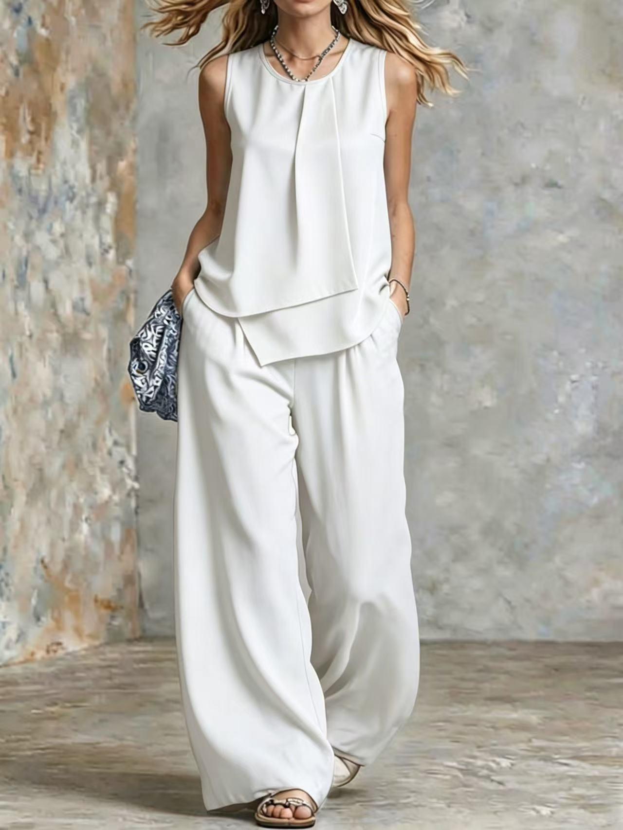 Casual Chic Sleeveless Solid Color Two Piece Set With A Top And Wide Eg Pants