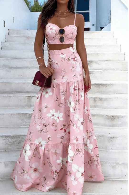 French Romantic Style Floral Print Camisole Crop Top And High-waisted Maxi Skirt Set For Women
