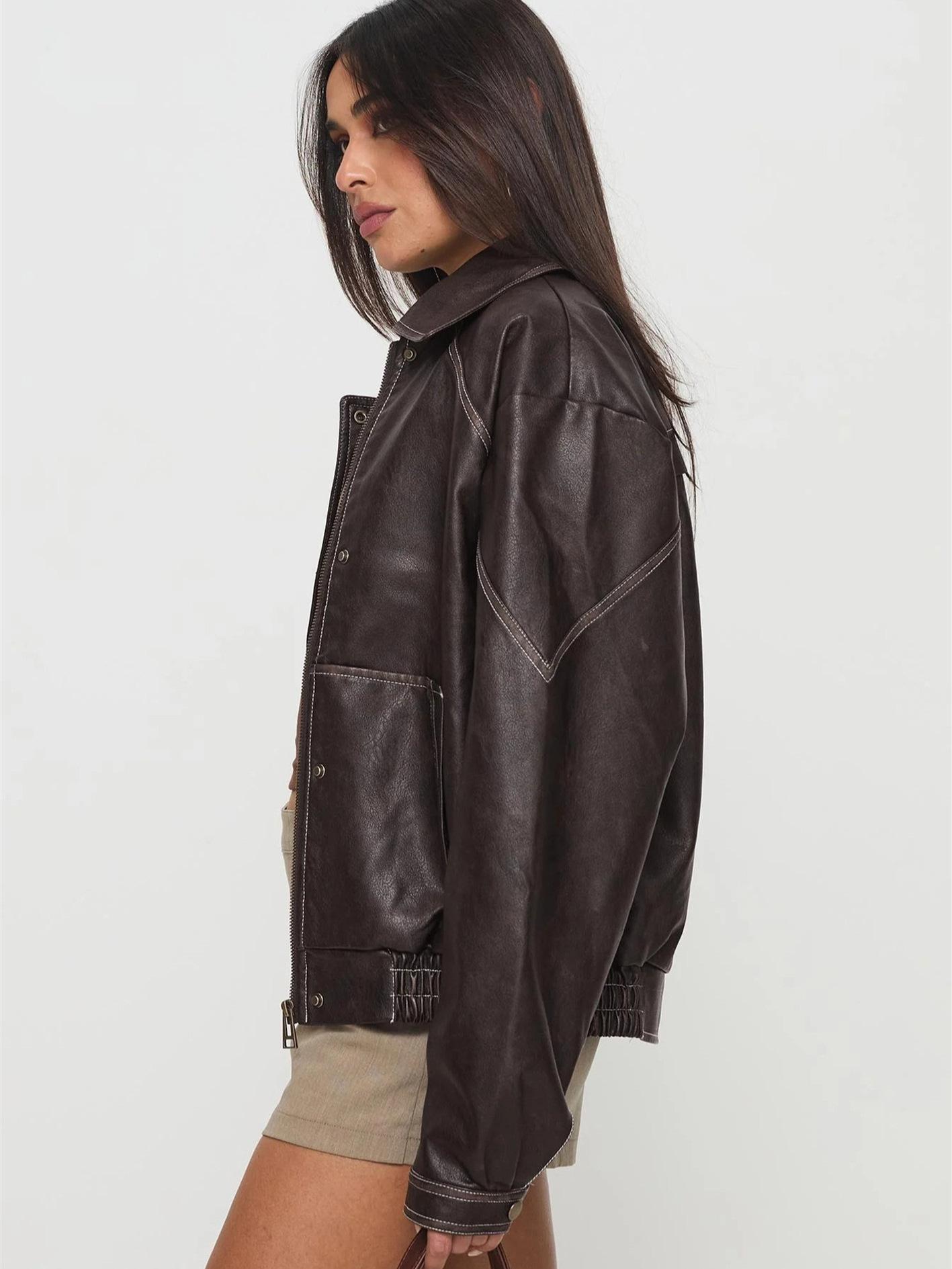 Independent-site Brown Leather Jacket For Women
