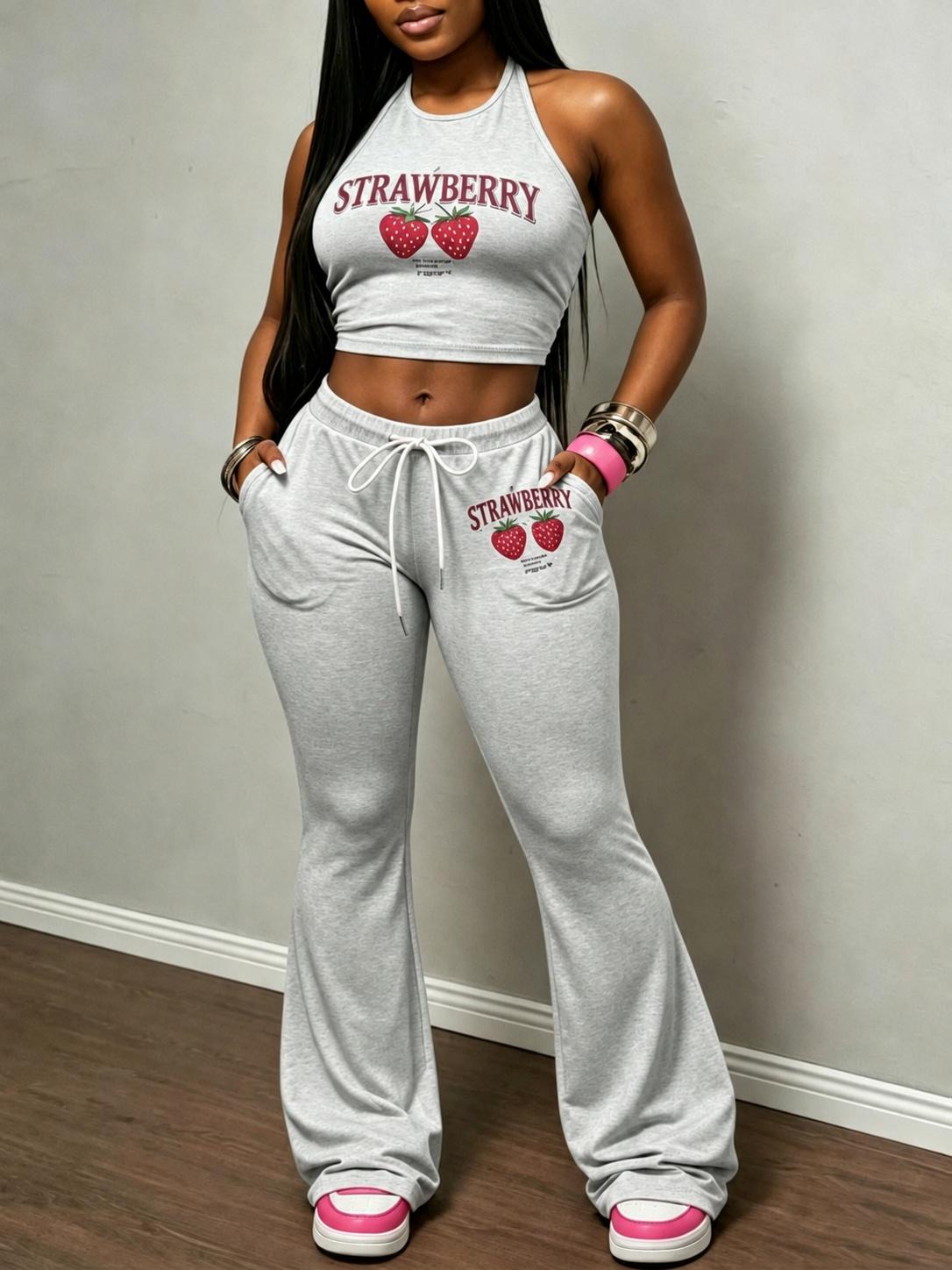 Strawberry Print Halter Crop Tank And Drawstring Flare Pants Two Piece Set