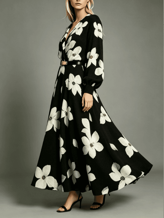 Black Background Large White Flower V-neck Waist Cinched Knitted Long Dress