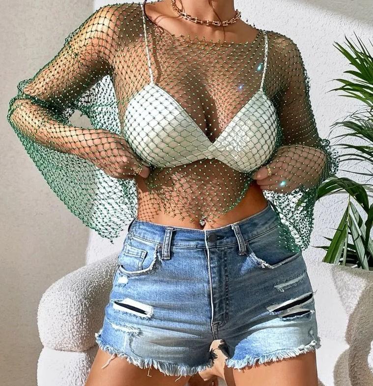 Fishnet Rhinestone Sexy Hollow-Out Summer Beach Womens T-Shirt Top
