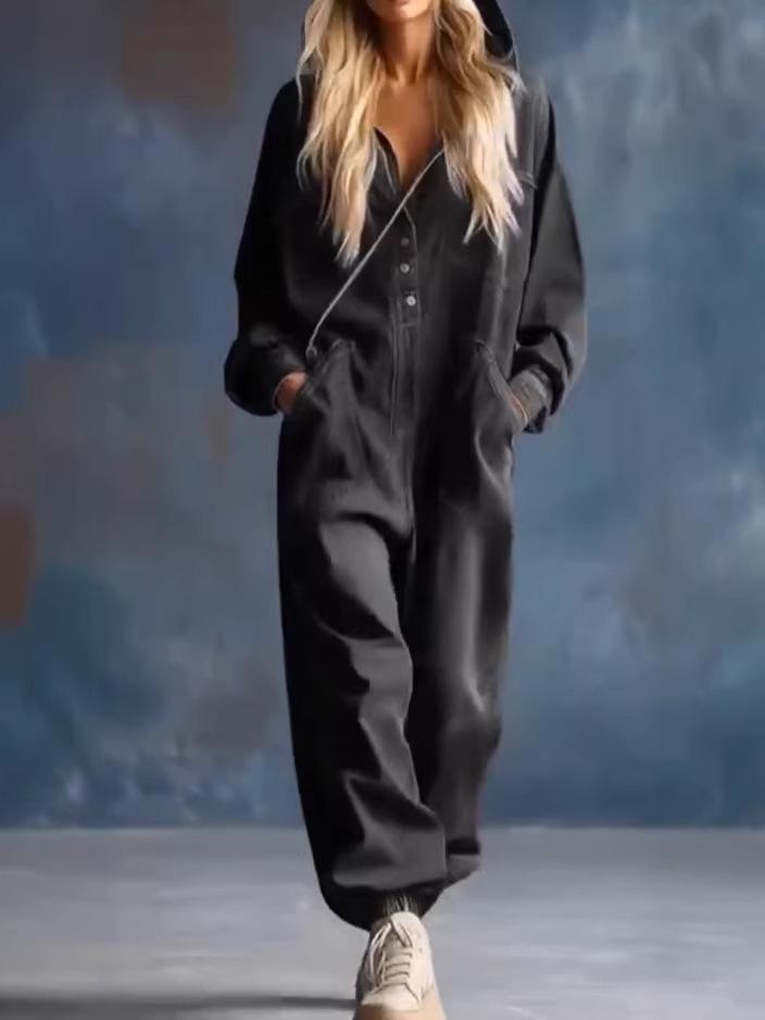 Loose-fitting, Plus-size, Single-breasted Denim Overalls With Large Pockets And A HoodEuropean And American Style