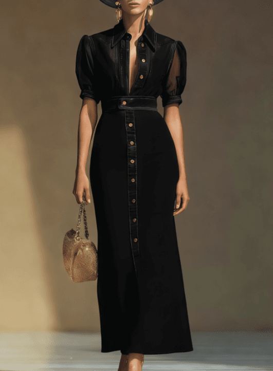 French Retro Bubble Sleeve Waist Cinching Long Skirt