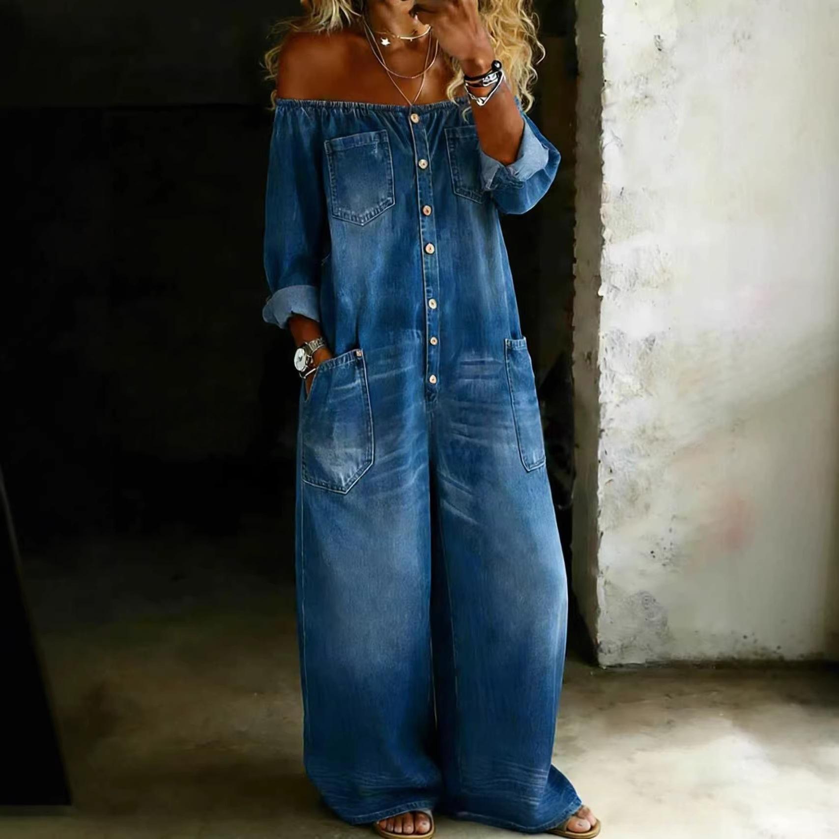 Denim Off-shoulder Pocket Jumpsuit