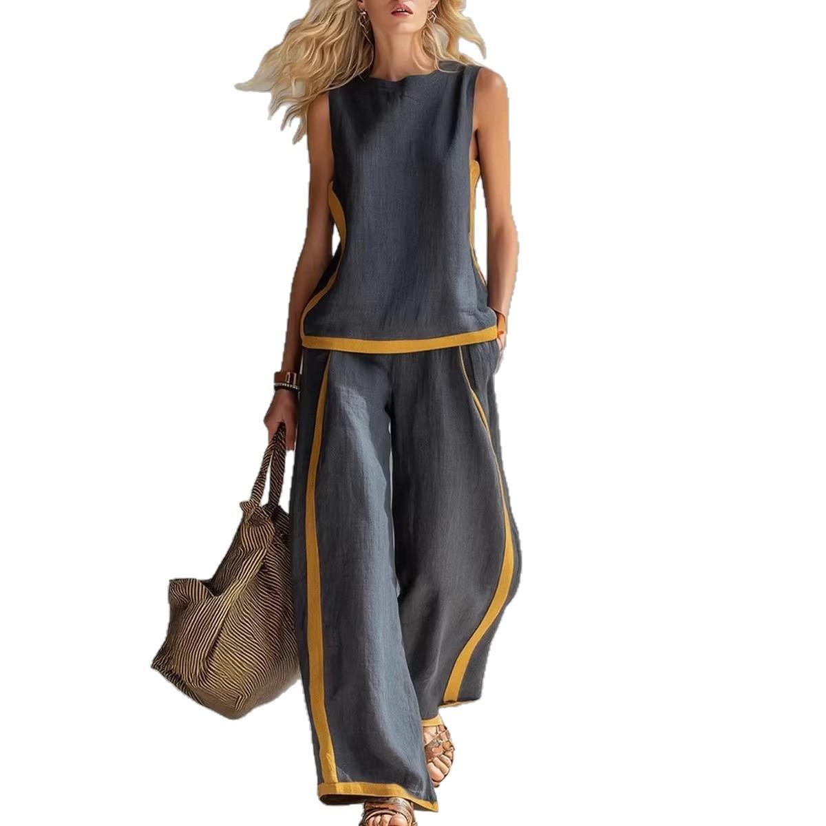 Summer Suits Round-neck Sleeveless Vest Top And High-waist Wide-leg Pants Casual Loose Set