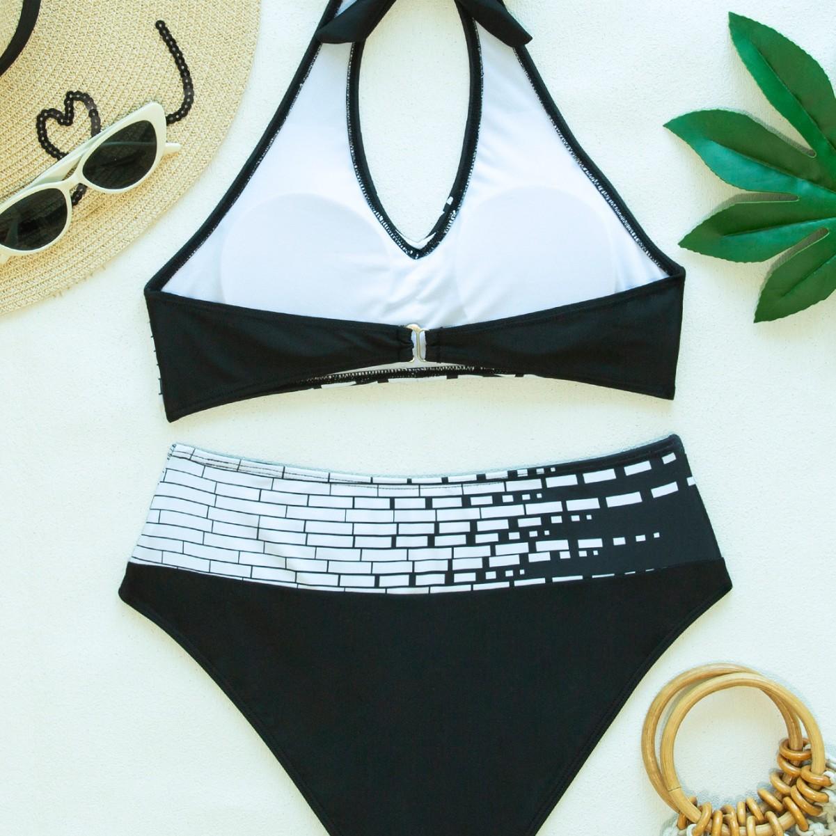Contrast Color Layered Bikini Halter High Chest Women's Swimsuit Two-piece Suit