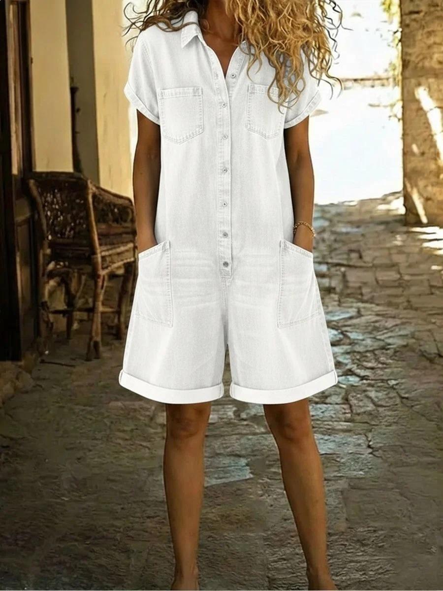 Womens Spring Short-Sleeve Multi-Pocket Shirt Washed Denim Jumpsuit