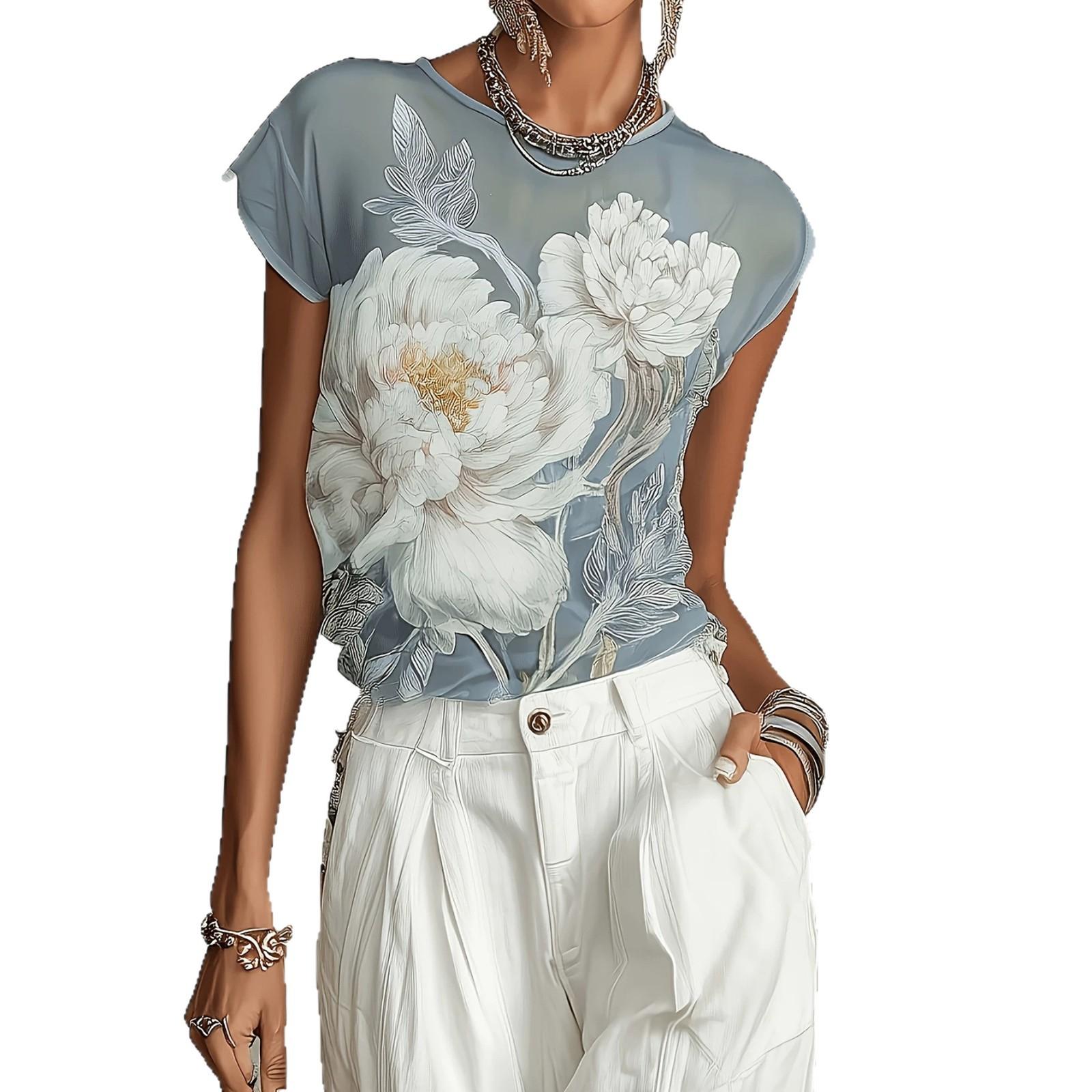 Women's French-style Elegant Gray-blue Mesh Short-sleeve Top