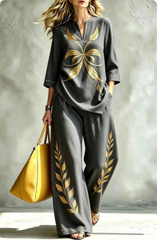 Womens Casual V-neck Three-quarter-sleeve Set With Collar