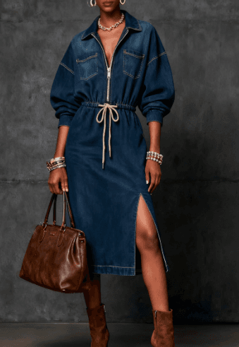 Western Retro Waist-cinched Slit Long Dress