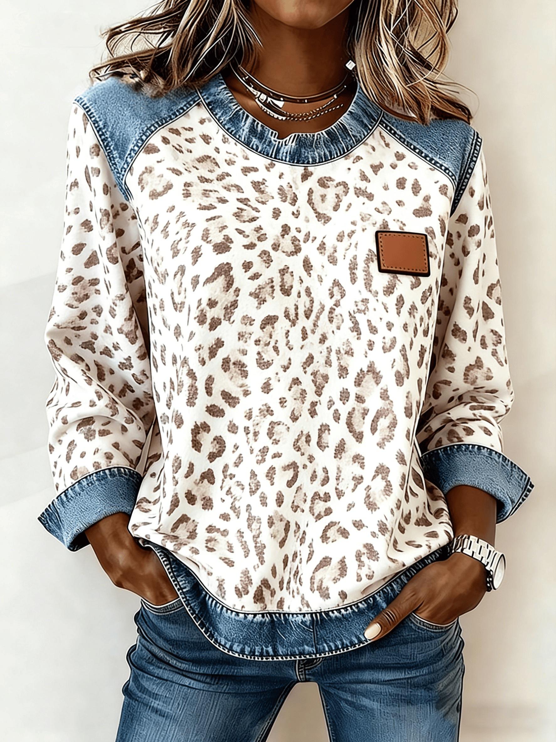 Casual Round Neck Denim Patchwork Leopard Print Long-sleeved Loose Top