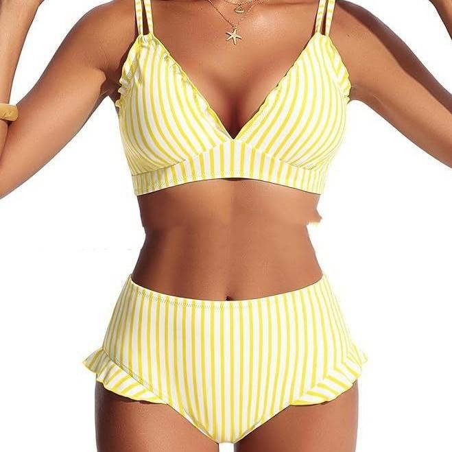 AliExpress European And American Amazon Split Striped Hollowed-Out Drawstring High-Waist Bikini Set Womens Swimsuit