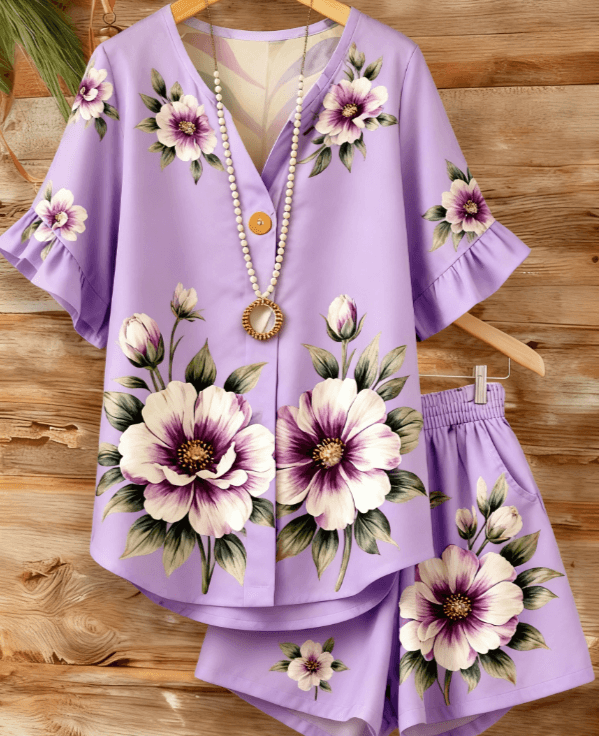 Printed V-neck Women's Long-sleeved Shirt  Shorts Set