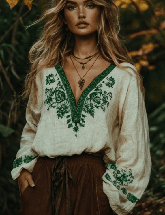 Retro Floral Print V-neck T-shirt