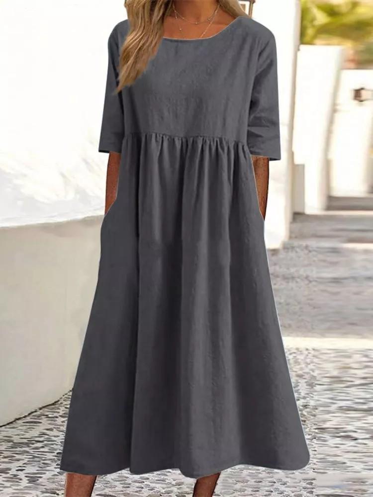 Plus Size Loose Cotton Linen Dress, Round Neck  Sleeve Midi Dress With Pockets