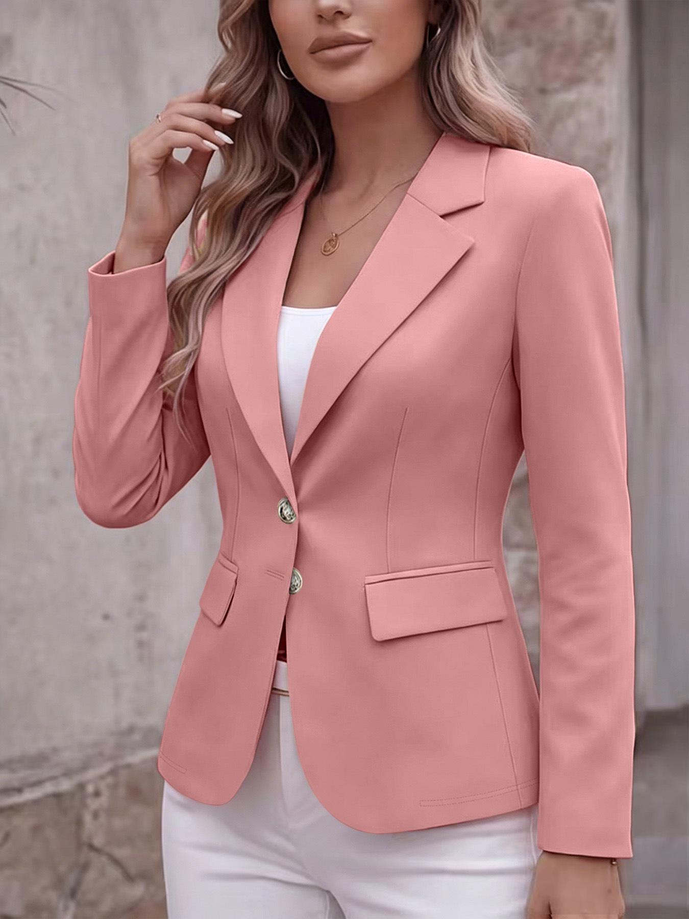 Notch-lapel Two-button Flap-pocket Long-sleeve Petite Blazer Cardigan Coat
