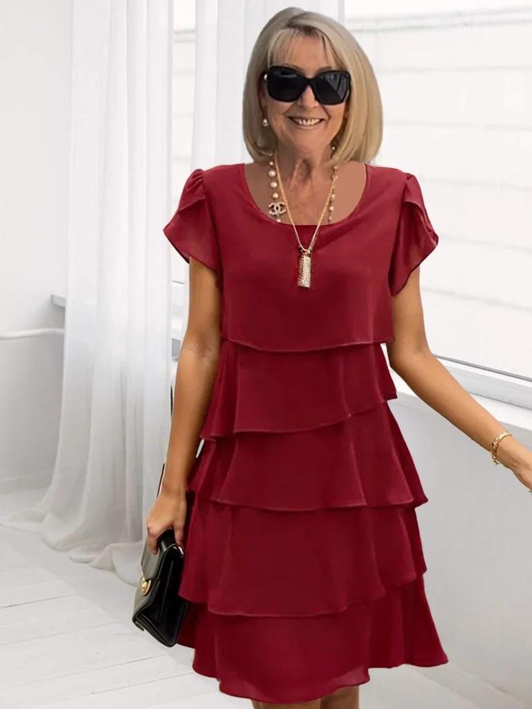 Short Sleeve Cake Dress Solid Color Round Neck Dress