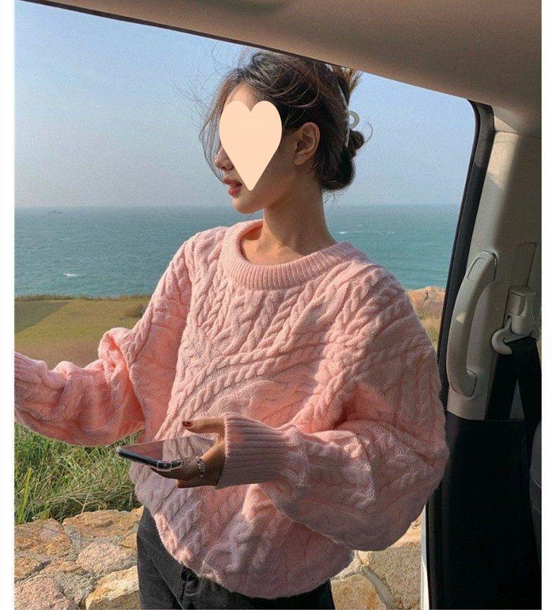 Autumn And Winter Lazy Style Loose Solid Color Twist Round Neck Sweater