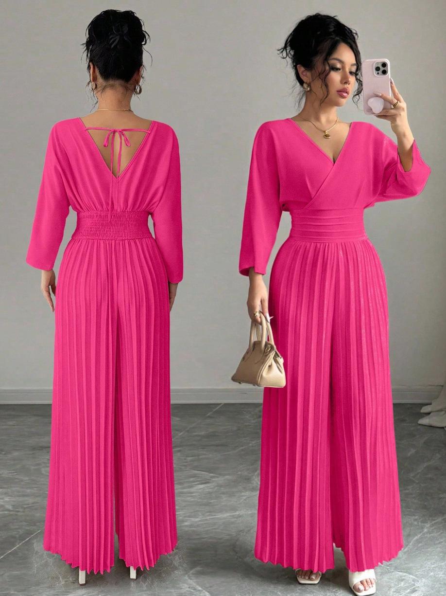 Stylish V-neck High-waist Solid-color Sexy Pleated Jumpsuit