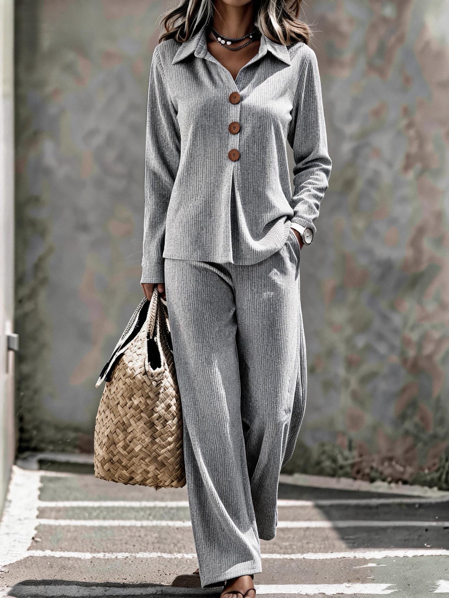 V-neck Button-down Casual Top And Wide-leg Trousers Two-piece Set