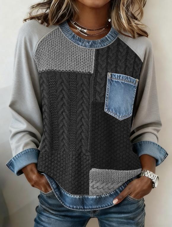 Spliced round Neck Casual Long-sleeved Top