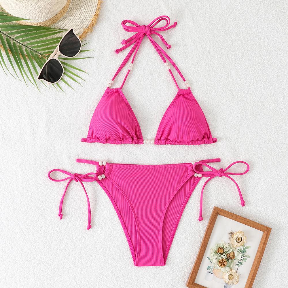 Separate Swimsuit Solid Color Deep V-neck Halter-style Lace-up Sexy Bikini